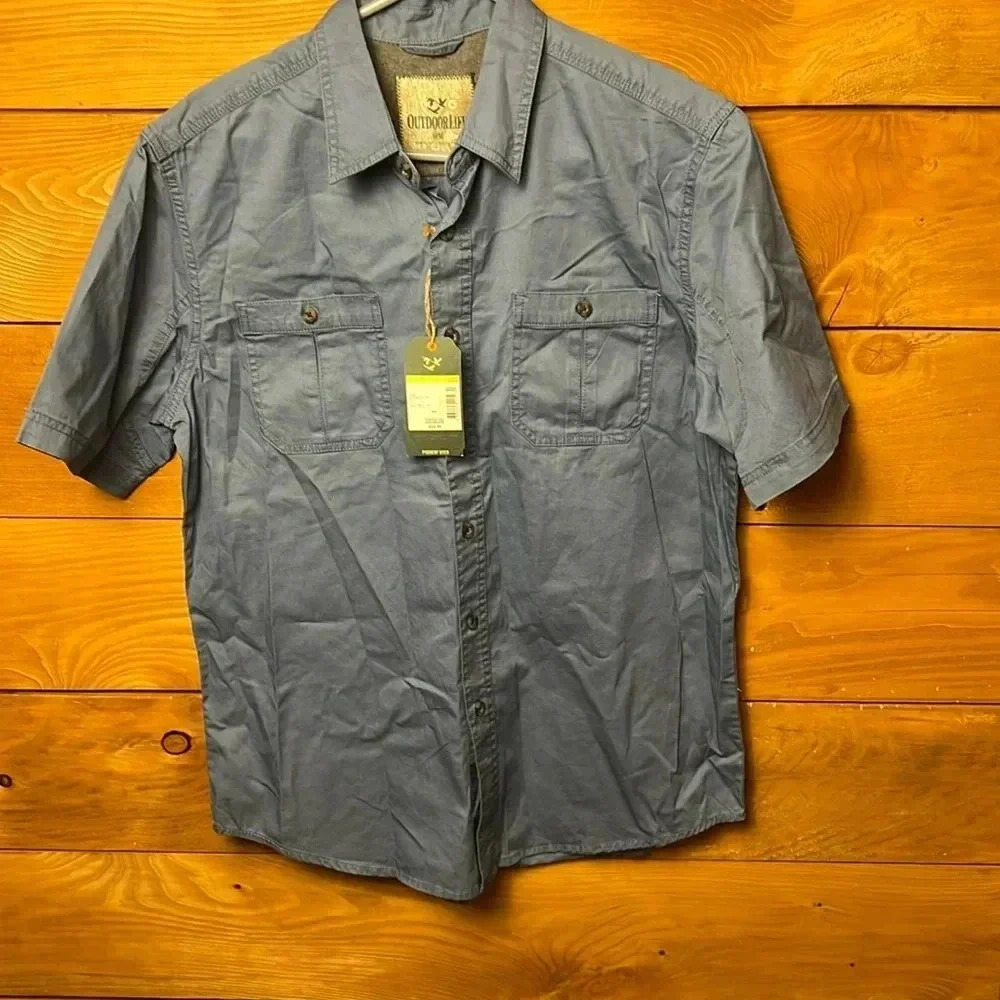 Outdoor life mens blue horizon button up twill shirt  cotton short sleeve casual